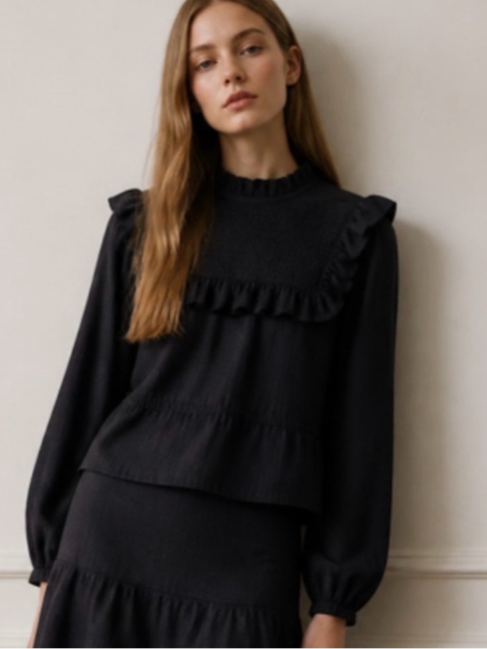 ASTR The Label Black Ruffled Smocked Blouse Size M